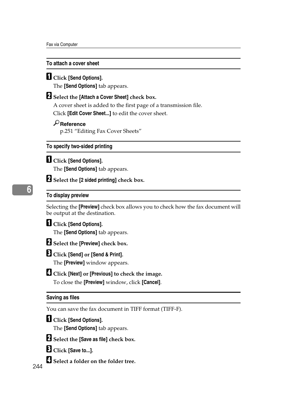 To attach a cover sheet, To specify two-sided printing, To display preview | Saving as files | Ricoh 7500 User Manual | Page 254 / 292