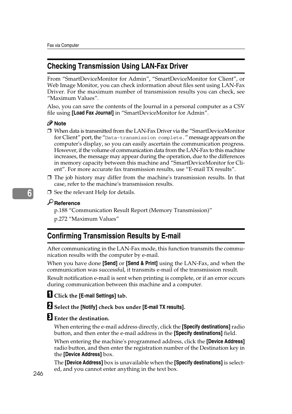Checking transmission using lan-fax driver, Confirming transmission results by e-mail, P.246 “confirming transmission results by e-mail | Ricoh 7500 User Manual | Page 256 / 292
