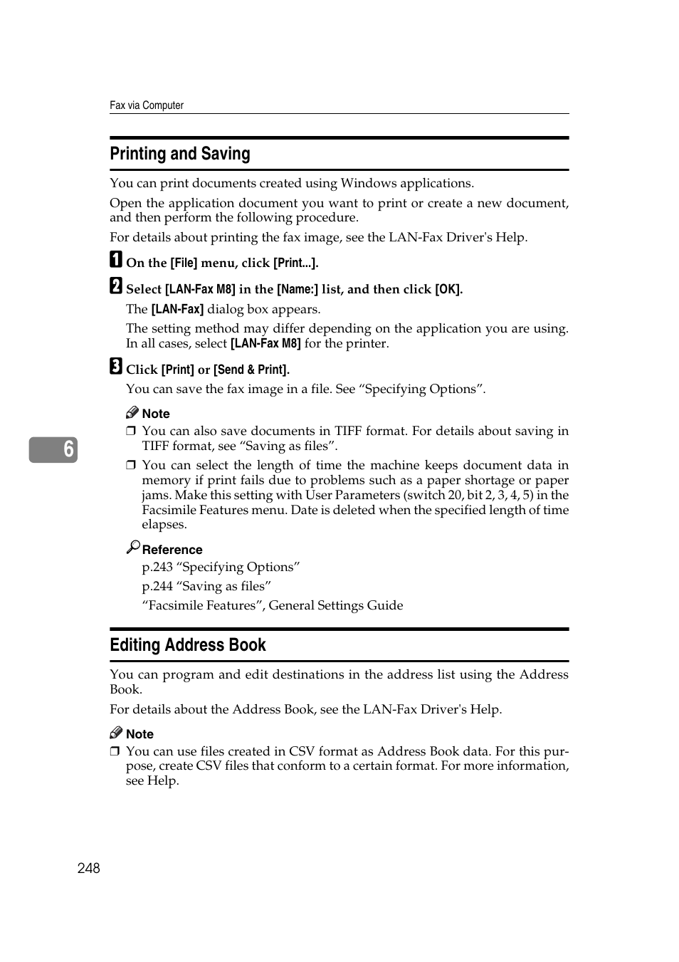 Printing and saving, Editing address book, Printing and saving editing address book | P.248 “editing address book | Ricoh 7500 User Manual | Page 258 / 292