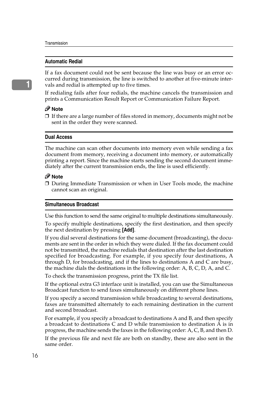 Automatic redial, Dual access, Simultaneous broadcast | Ricoh 7500 User Manual | Page 26 / 292