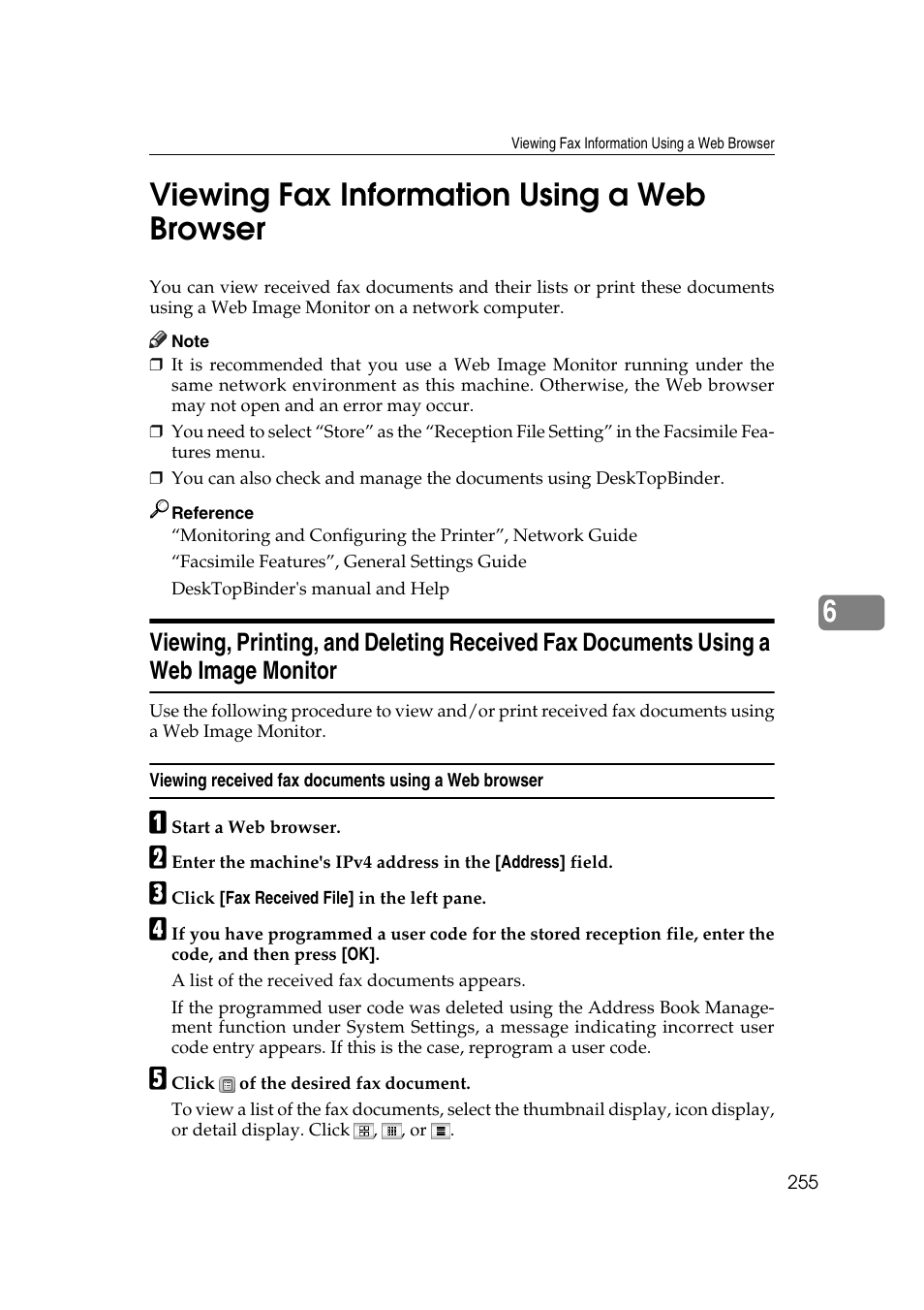 Viewing fax information using a web browser, Viewing received fax documents using a web browser, 6viewing fax information using a web browser | Ricoh 7500 User Manual | Page 265 / 292