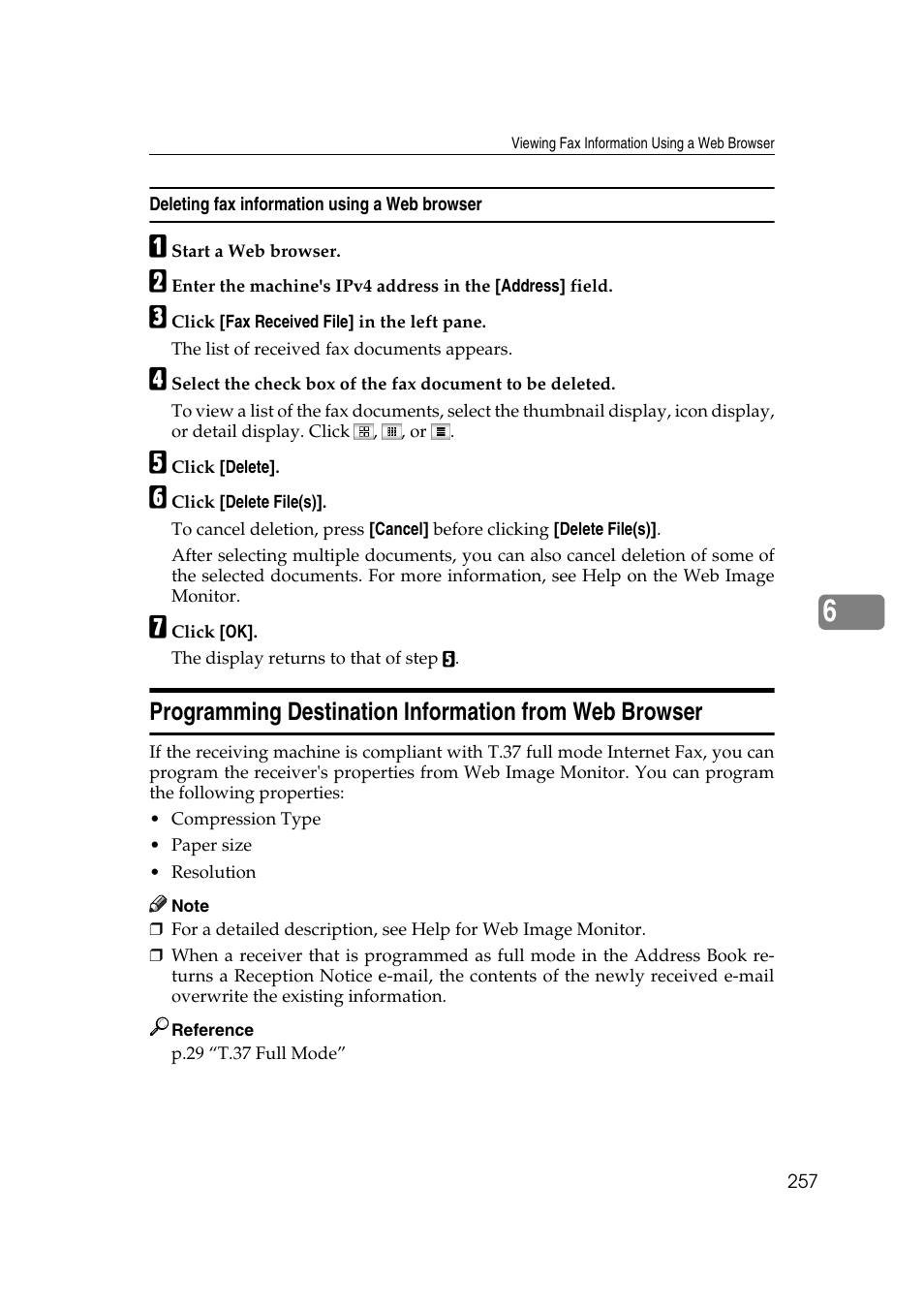Deleting fax information using a web browser | Ricoh 7500 User Manual | Page 267 / 292