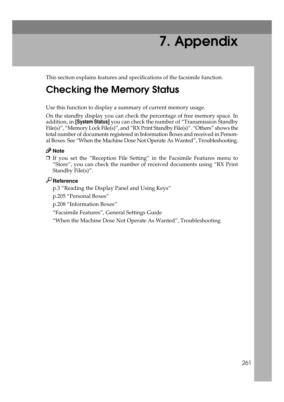  appendix, Checking the memory status, Appendix | P.261 “checking the memory status | Ricoh 7500 User Manual | Page 271 / 292