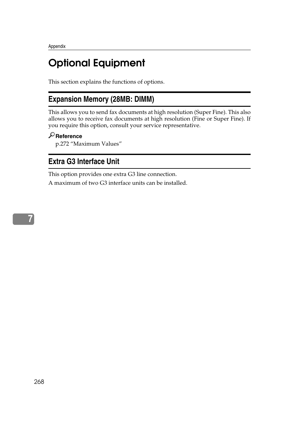 Optional equipment, Expansion memory (28mb: dimm), Extra g3 interface unit | 7optional equipment | Ricoh 7500 User Manual | Page 278 / 292