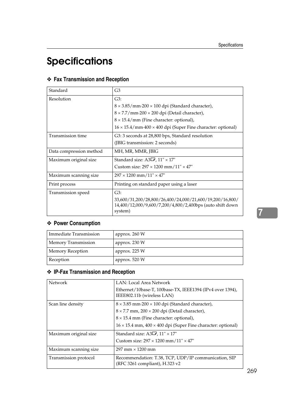 Specifications, 7specifications | Ricoh 7500 User Manual | Page 279 / 292