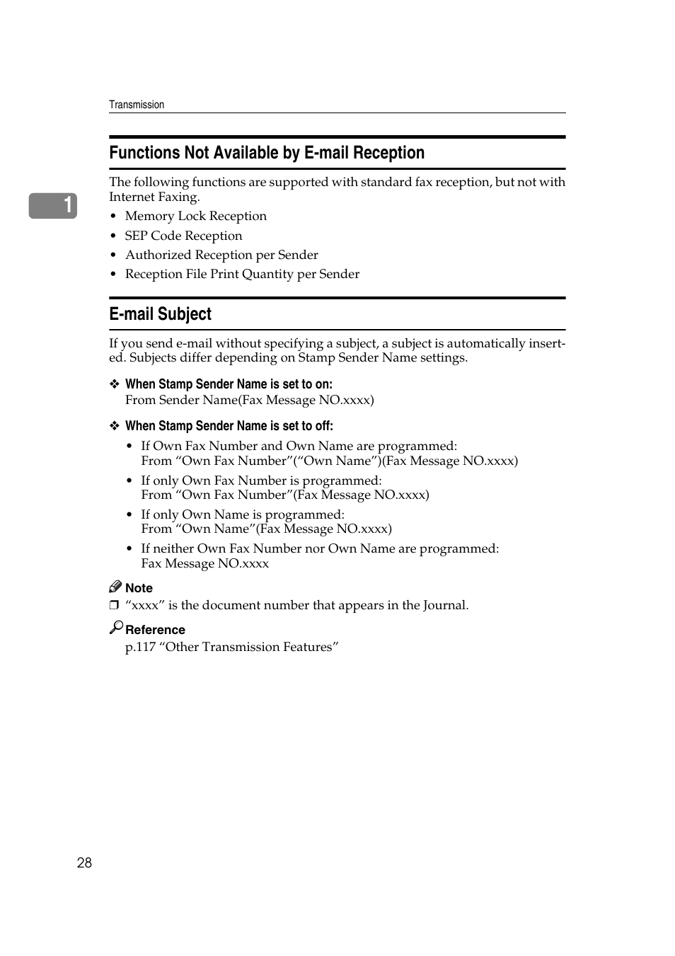 Functions not available by e-mail reception, E-mail subject | Ricoh 7500 User Manual | Page 38 / 292