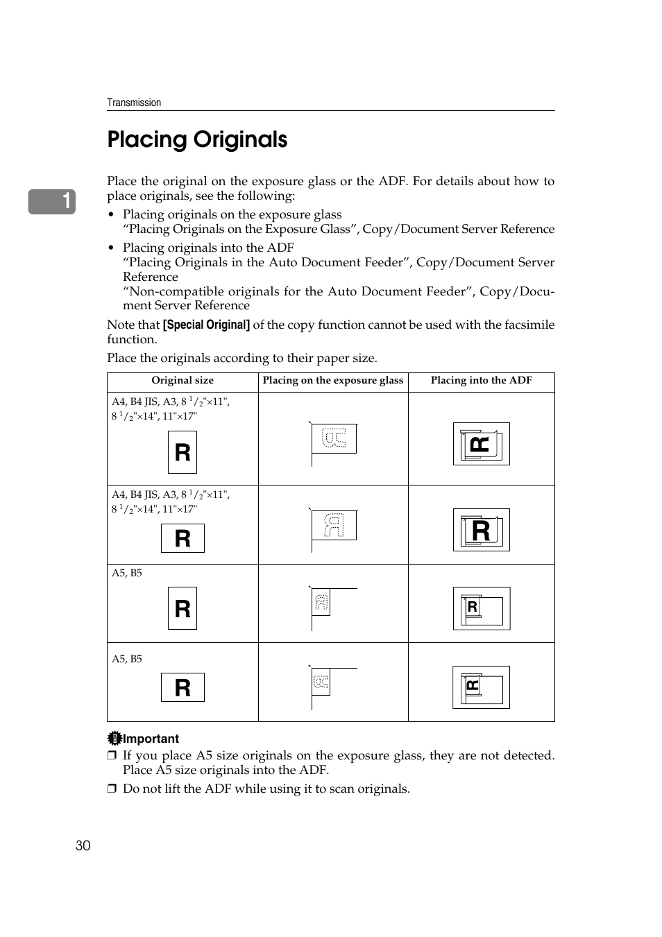 Placing originals, 1placing originals | Ricoh 7500 User Manual | Page 40 / 292