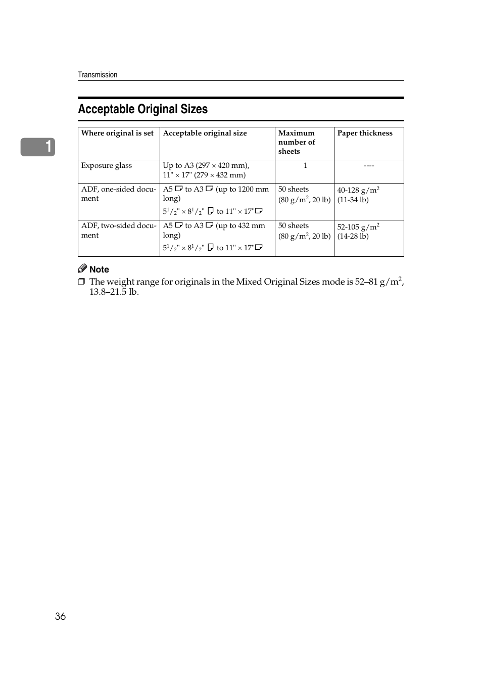 Acceptable original sizes, P.36 “acceptable original sizes | Ricoh 7500 User Manual | Page 46 / 292