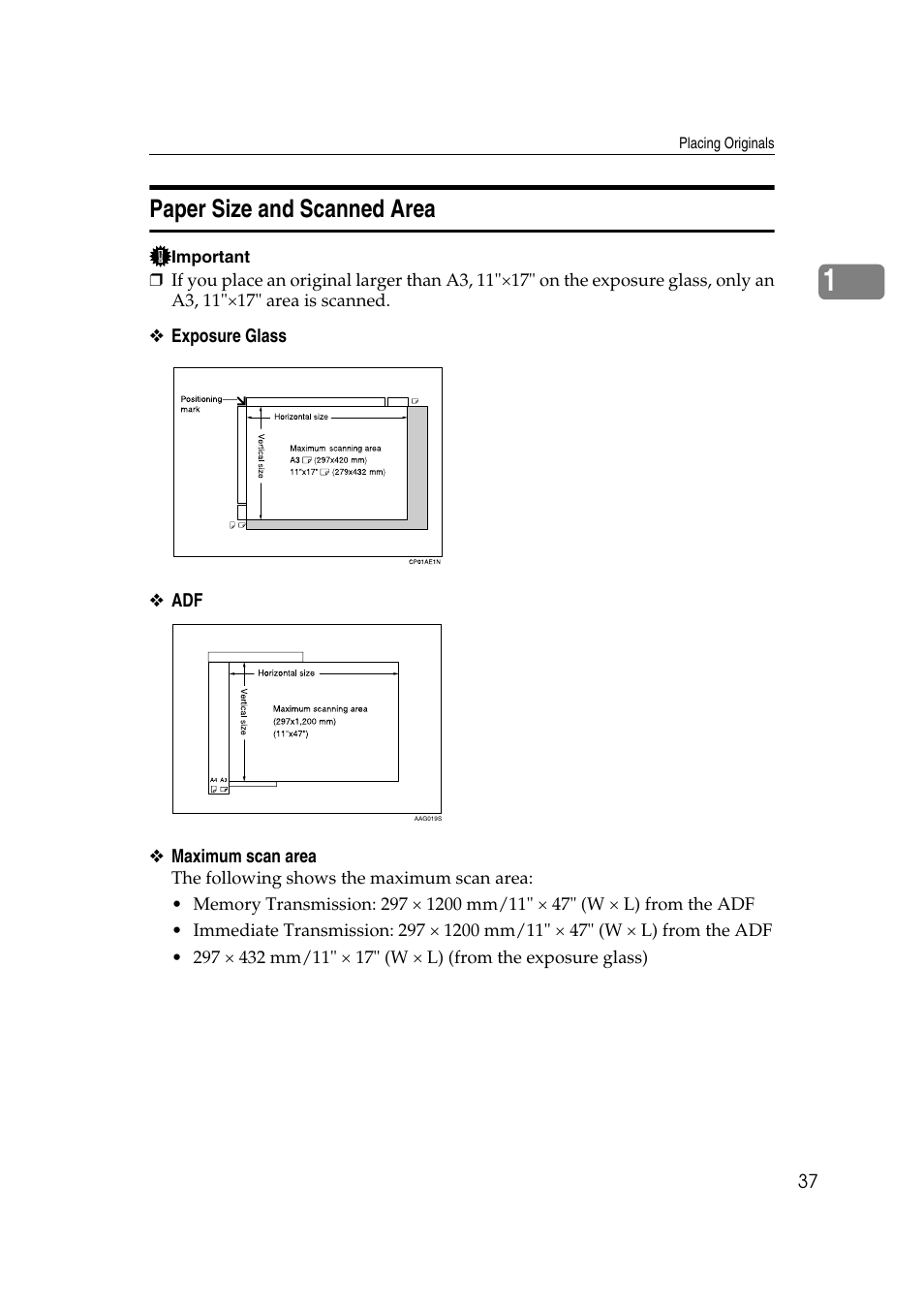 Paper size and scanned area, P.37 “paper size and scanned area | Ricoh 7500 User Manual | Page 47 / 292