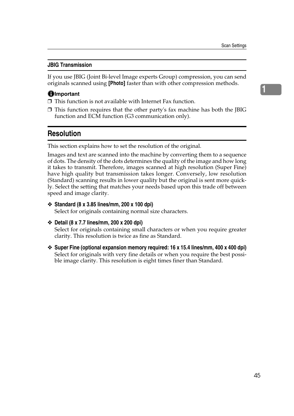 Jbig transmission, Resolution, P.45 “resolution | Ricoh 7500 User Manual | Page 55 / 292