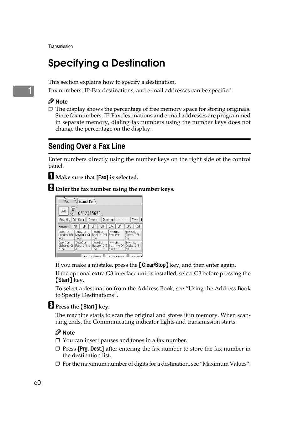 Specifying a destination, Sending over a fax line, P.60 “sending over a fax line | 1specifying a destination | Ricoh 7500 User Manual | Page 70 / 292