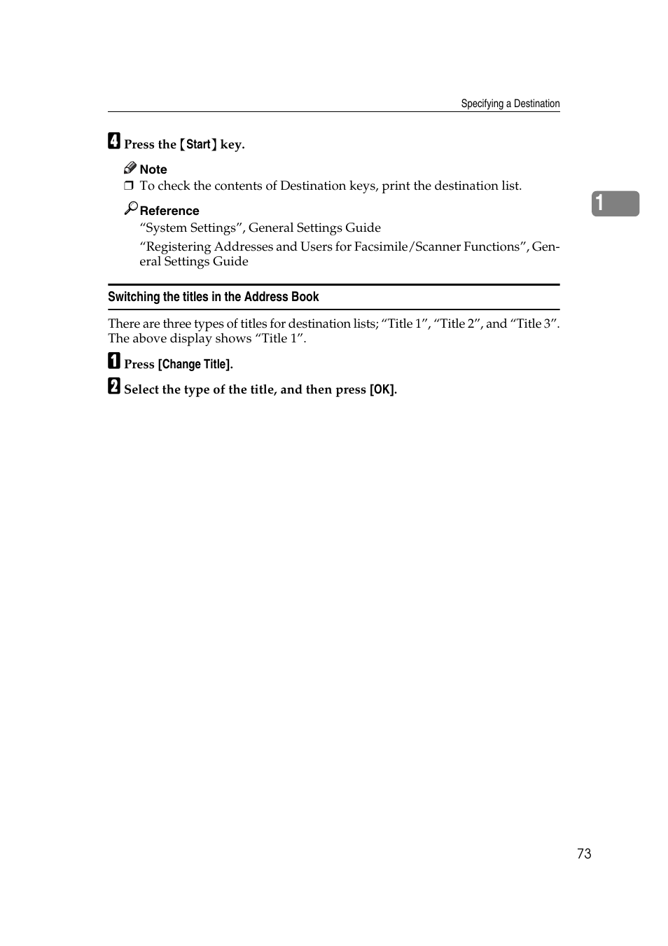 Switching the titles in the address book, P.73 “switching the titles in the address book | Ricoh 7500 User Manual | Page 83 / 292