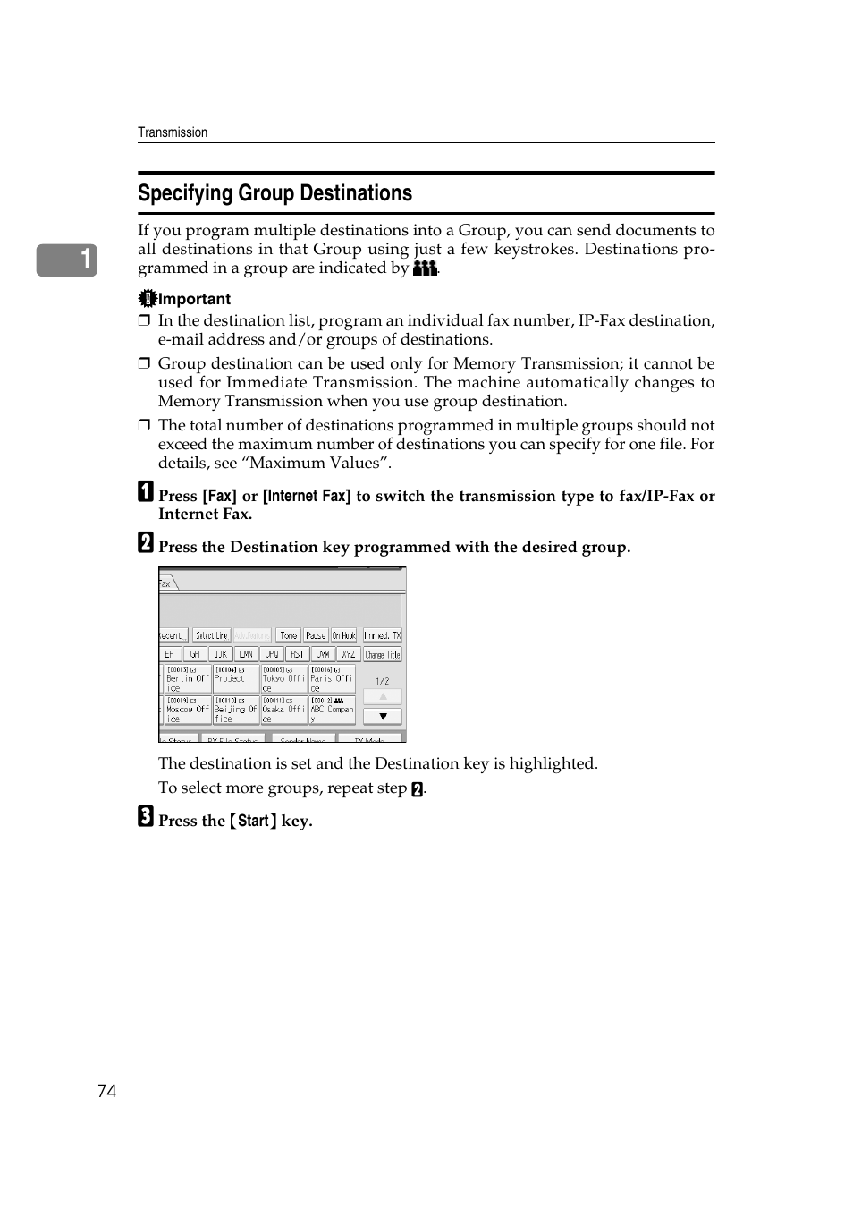 Specifying group destinations, P.74 “specifying group destinations | Ricoh 7500 User Manual | Page 84 / 292