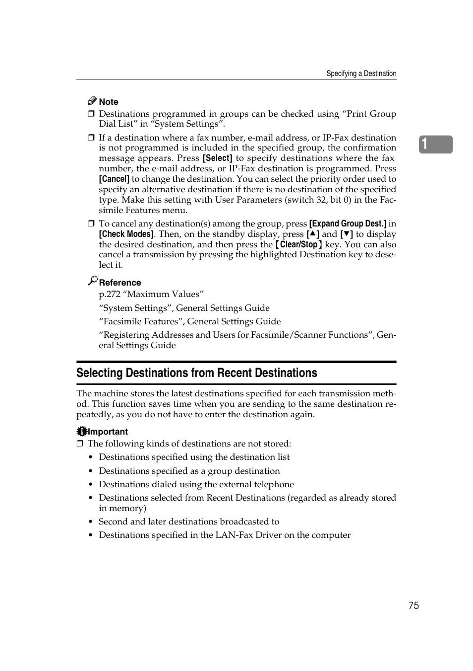 Selecting destinations from recent destinations | Ricoh 7500 User Manual | Page 85 / 292