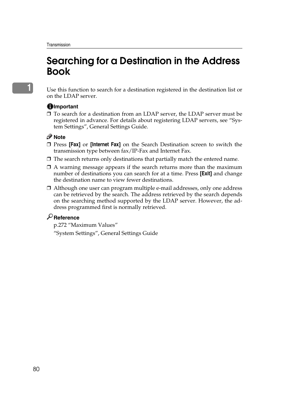 Searching for a destination in the address book, 1searching for a destination in the address book | Ricoh 7500 User Manual | Page 90 / 292
