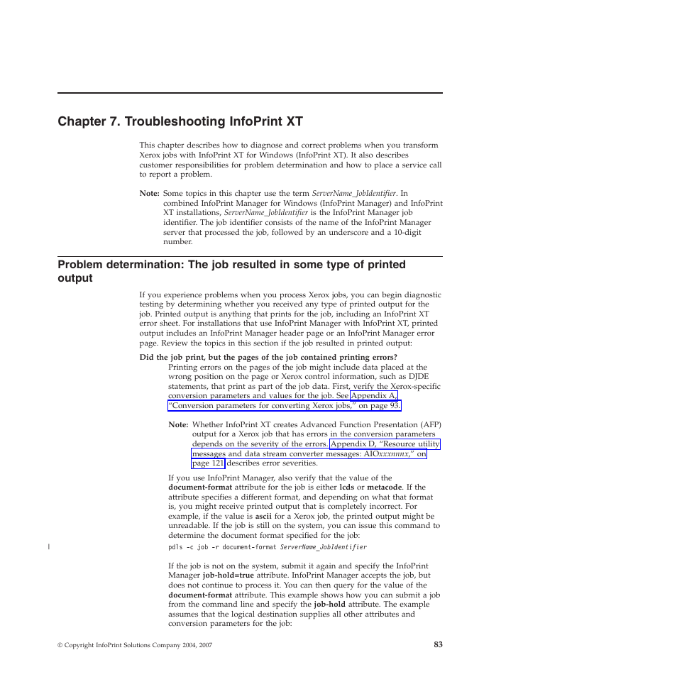 Chapter 7. troubleshooting infoprint xt, Chapter, Troubleshooting | Infoprint, Problem, Determination, Resulted, Some, Type, Printed | Ricoh INFOPRINT XT GLD0-0025-01 User Manual | Page 103 / 202