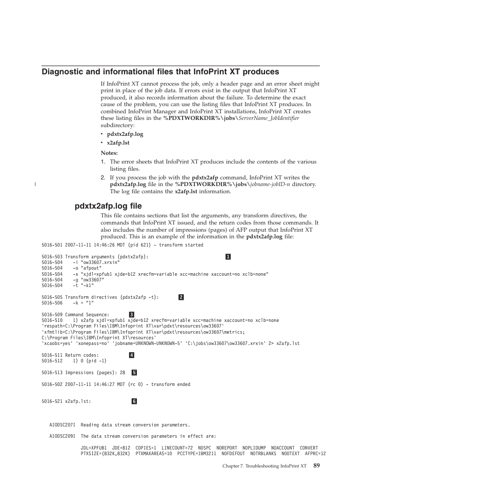 Pdxtx2afp.log file, Diagnostic, Informational | Files, That, Infoprint, Produces, Pdxtx2afp.log, File | Ricoh INFOPRINT XT GLD0-0025-01 User Manual | Page 109 / 202