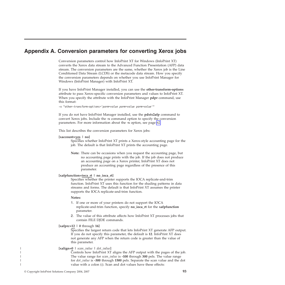 Appendix, Conversion, Parameters | Converting, Xerox, Jobs | Ricoh INFOPRINT XT GLD0-0025-01 User Manual | Page 113 / 202