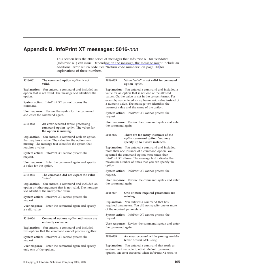 Appendix b. infoprint xt messages: 5016-nnn, Appendix, Infoprint | Messages, 5016- nnn | Ricoh INFOPRINT XT GLD0-0025-01 User Manual | Page 125 / 202