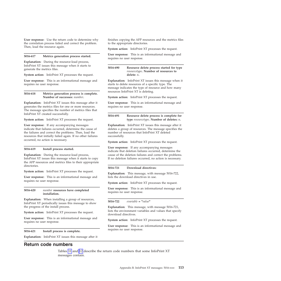 Return code numbers, Return, Code | Numbers | Ricoh INFOPRINT XT GLD0-0025-01 User Manual | Page 133 / 202