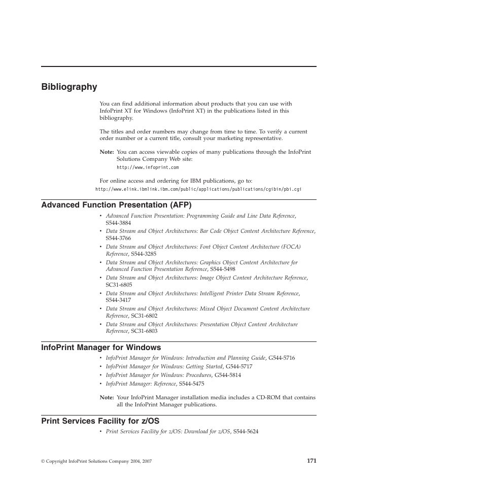 Bibliography, Advanced function presentation (afp), Infoprint manager for windows | Print services facility for z/os, Advanced, Function, Presentation, Afp), Infoprint, Manager | Ricoh INFOPRINT XT GLD0-0025-01 User Manual | Page 191 / 202