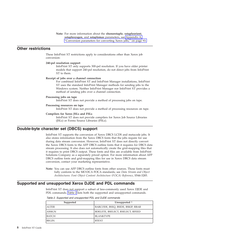 Other restrictions, Double-byte character set (dbcs) support, Other | Restrictions, Double-byte, Character, Dbcs), Support, Supported, Unsupported | Ricoh INFOPRINT XT GLD0-0025-01 User Manual | Page 28 / 202