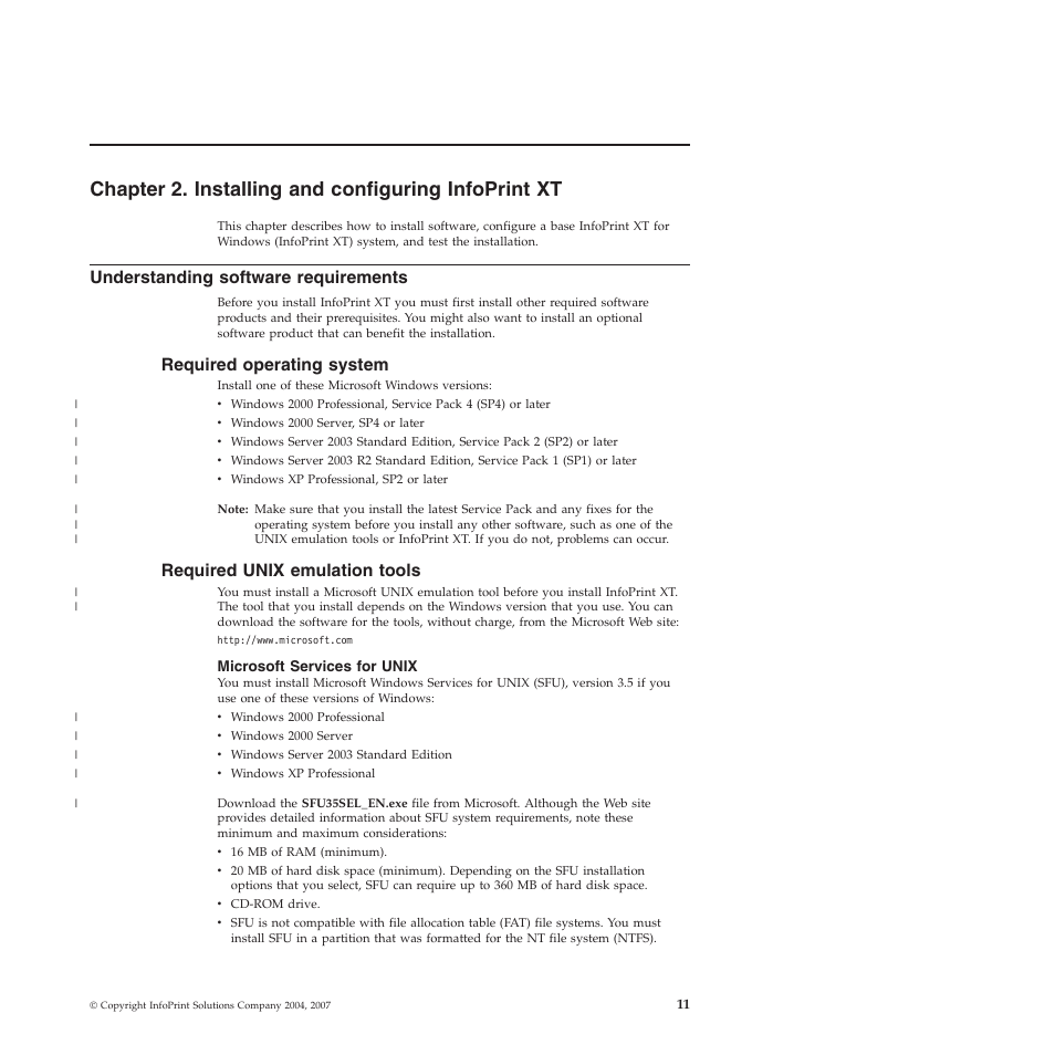 Chapter 2. installing and configuring infoprint xt, Understanding software requirements, Required operating system | Required unix emulation tools, Microsoft services for unix, Chapter, Installing, Configuring, Infoprint, Understanding | Ricoh INFOPRINT XT GLD0-0025-01 User Manual | Page 31 / 202