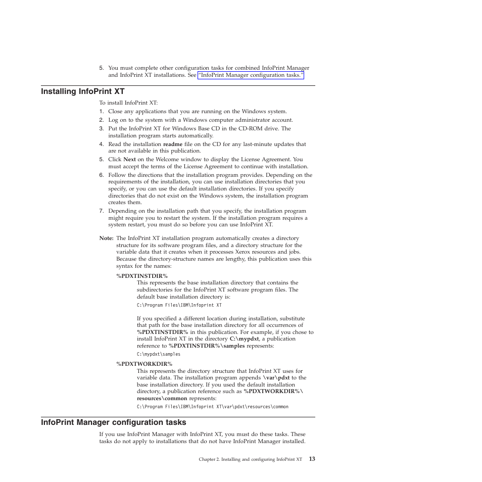 Installing infoprint xt, Infoprint manager configuration tasks, Installing | Infoprint, Manager, Configuration, Tasks | Ricoh INFOPRINT XT GLD0-0025-01 User Manual | Page 33 / 202