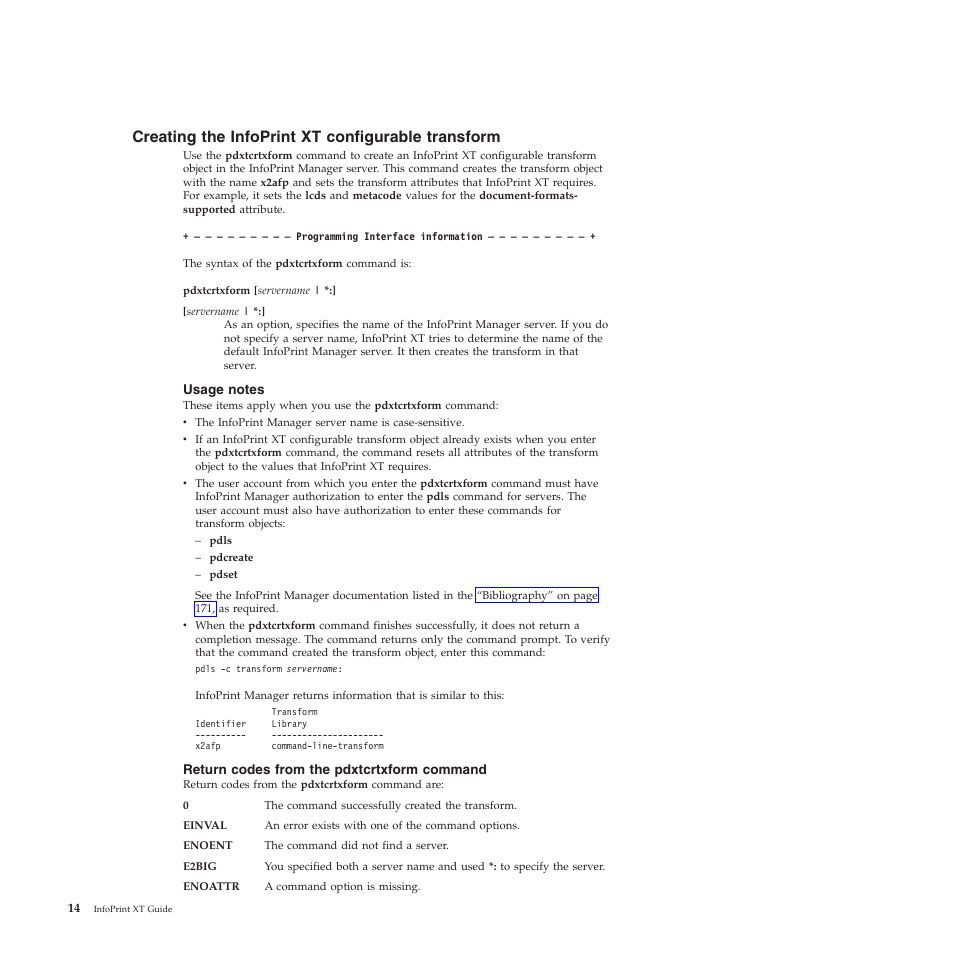Creating the infoprint xt configurable transform, Usage notes, Return codes from the pdxtcrtxform command | Creating, Infoprint, Configurable, Transform | Ricoh INFOPRINT XT GLD0-0025-01 User Manual | Page 34 / 202