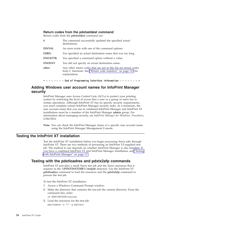 Return codes from the pdxtsetdest command, Testing the infoprint xt installation, Adding | Windows, User, Account, Names, Infoprint, Manager, Security | Ricoh INFOPRINT XT GLD0-0025-01 User Manual | Page 36 / 202