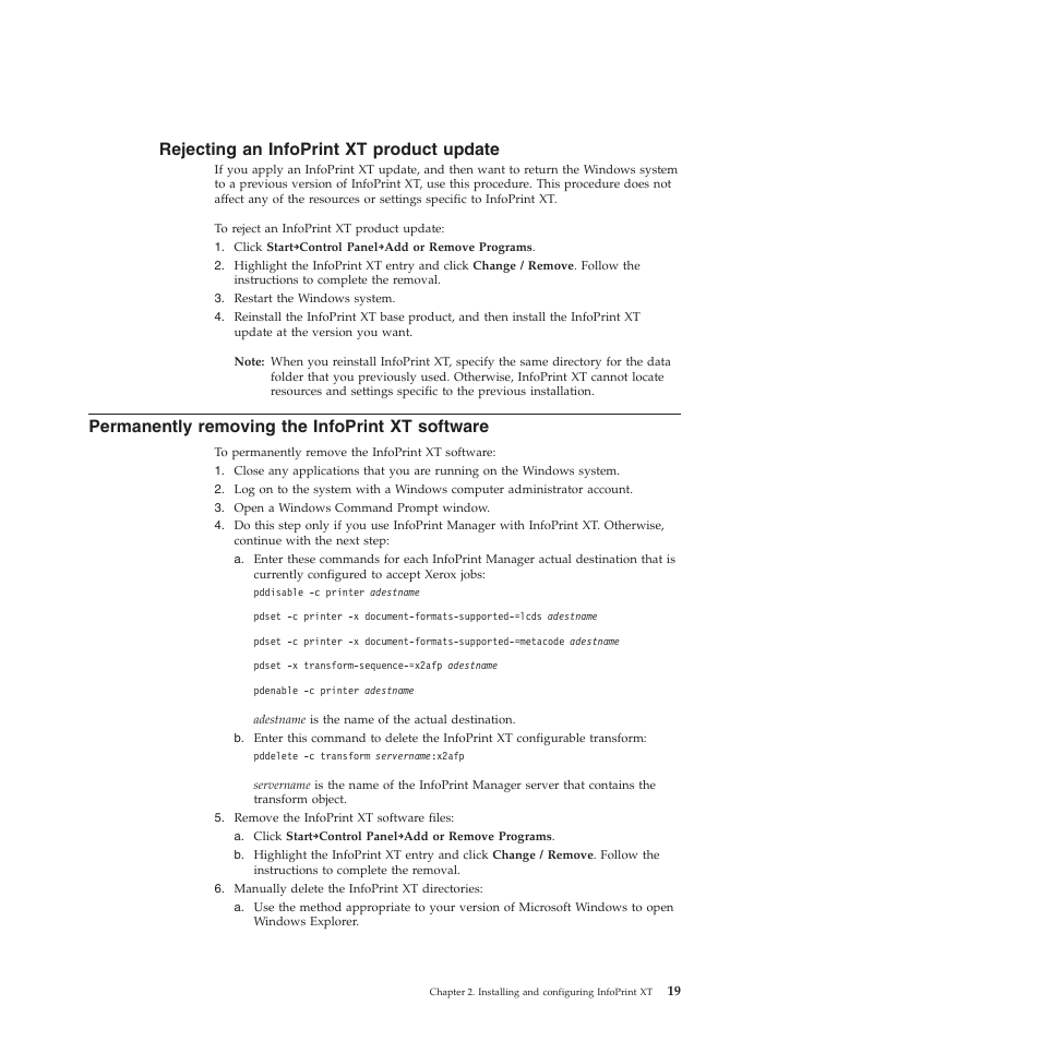 Rejecting an infoprint xt product update, Permanently removing the infoprint xt software, Rejecting | Infoprint, Product, Update, Permanently, Removing, Software | Ricoh INFOPRINT XT GLD0-0025-01 User Manual | Page 39 / 202