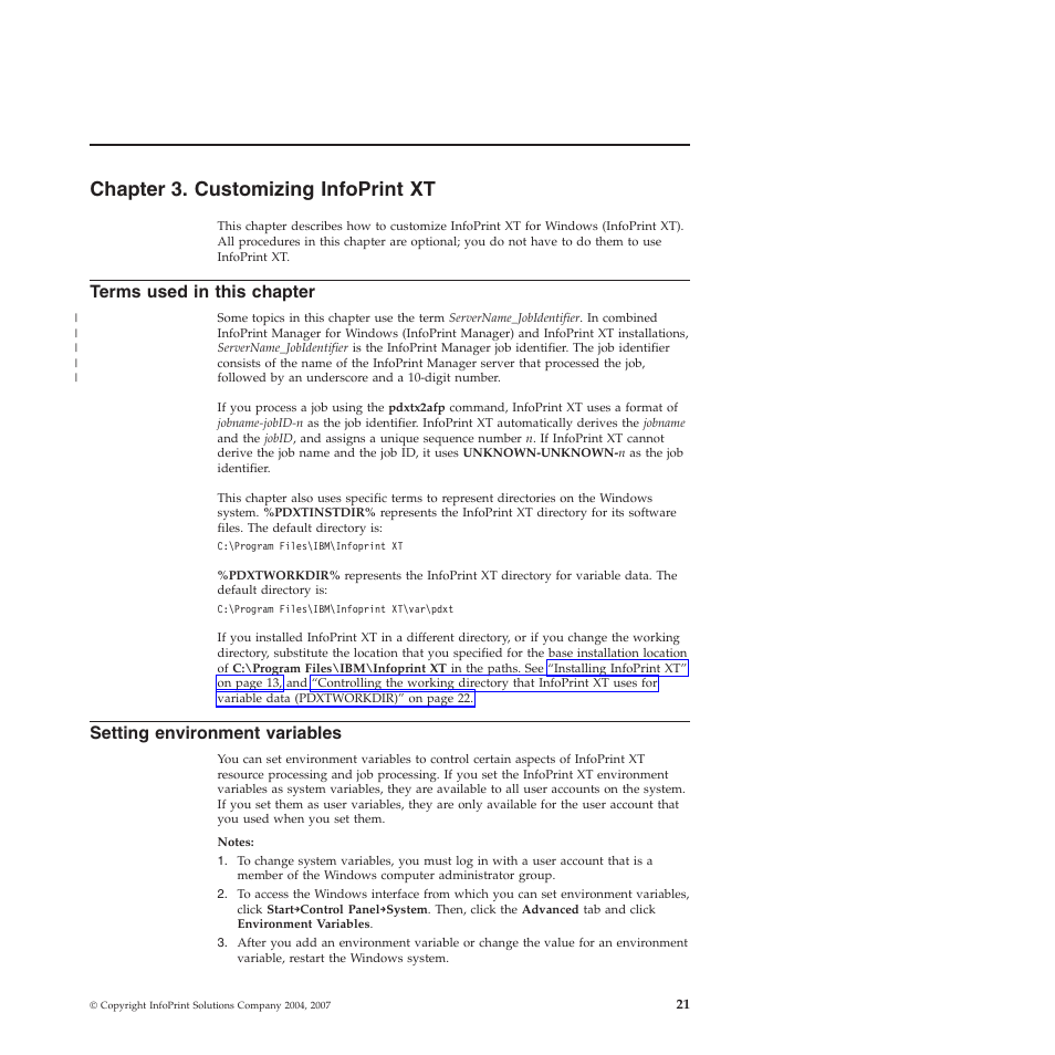 Chapter 3. customizing infoprint xt, Terms used in this chapter, Setting environment variables | Chapter, Customizing, Infoprint, Terms, Used, This, Setting | Ricoh INFOPRINT XT GLD0-0025-01 User Manual | Page 41 / 202