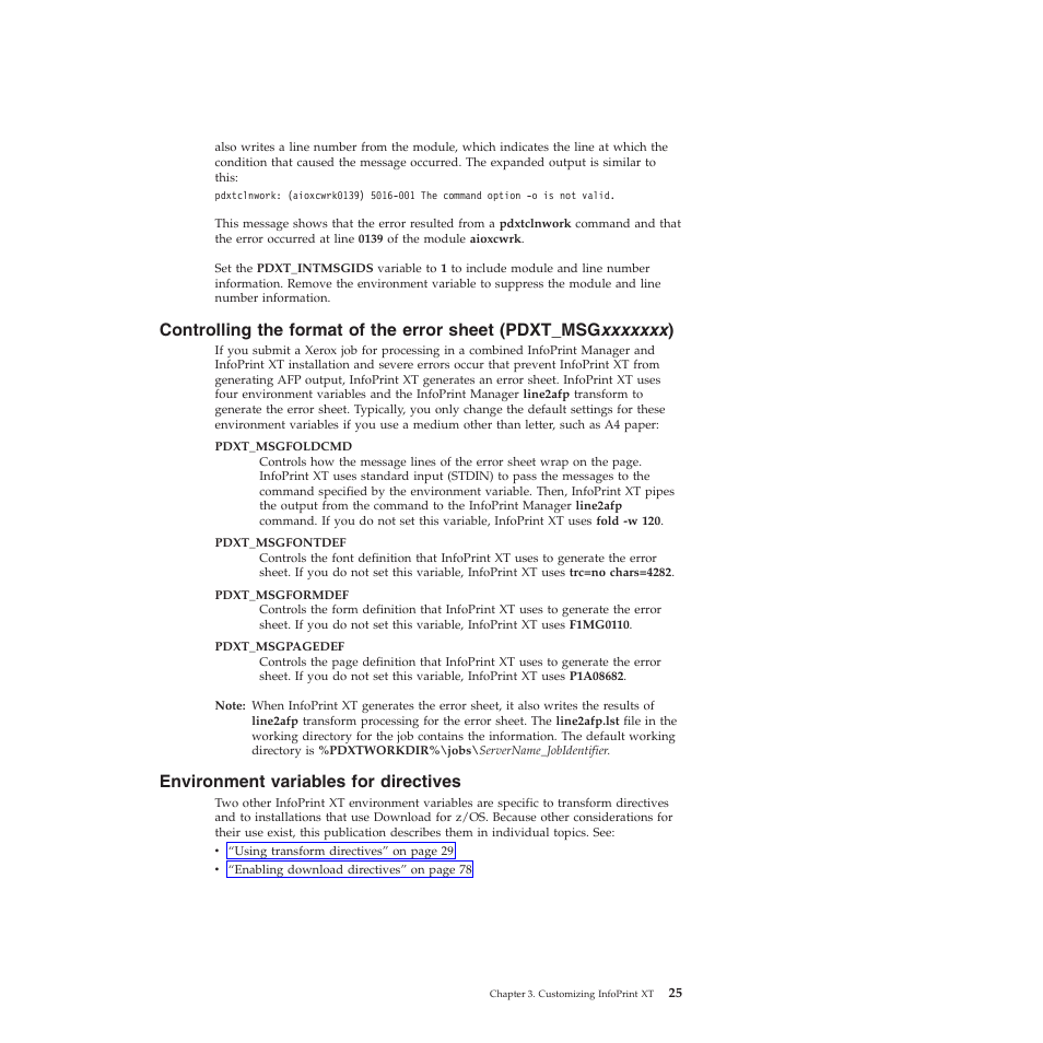 Environment variables for directives, Controlling, Format | Error, Sheet, Pdxt_msg xxxxxxx ), Environment, Variables, Directives | Ricoh INFOPRINT XT GLD0-0025-01 User Manual | Page 45 / 202