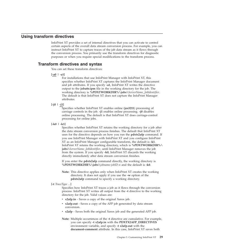 Using transform directives, Transform directives and syntax, Using | Transform, Directives, Syntax | Ricoh INFOPRINT XT GLD0-0025-01 User Manual | Page 49 / 202