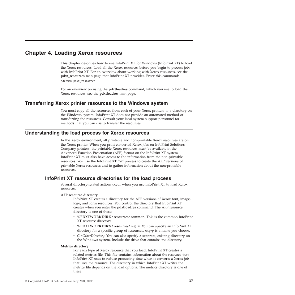 Chapter 4. loading xerox resources, Understanding the load process for xerox resources, Chapter | Loading, Xerox, Resources, Transferring, Printer, Windows, System | Ricoh INFOPRINT XT GLD0-0025-01 User Manual | Page 57 / 202