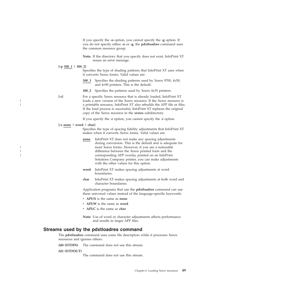 Streams used by the pdxtloadres command, Streams, Used | Pdxtloadres, Command | Ricoh INFOPRINT XT GLD0-0025-01 User Manual | Page 69 / 202