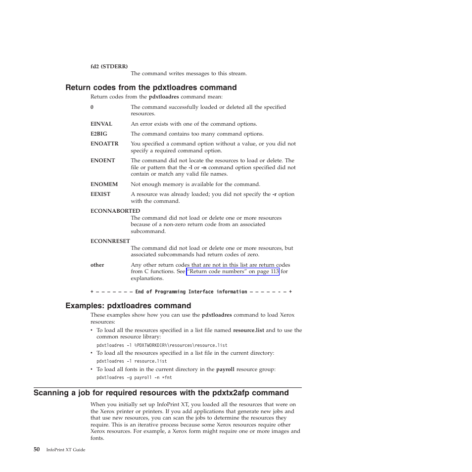Return codes from the pdxtloadres command, Examples: pdxtloadres command, Return | Codes, From, Pdxtloadres, Command, Examples, Scanning, Required | Ricoh INFOPRINT XT GLD0-0025-01 User Manual | Page 70 / 202