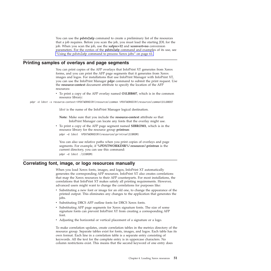 Printing, Samples, Overlays | Segments, Correlating, Font, Image, Logo, Resources, Manually | Ricoh INFOPRINT XT GLD0-0025-01 User Manual | Page 71 / 202