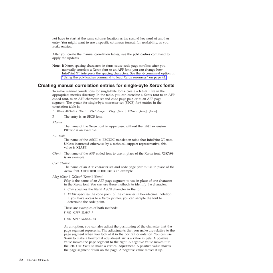 Creating, Manual, Correlation | Entries, Single-byte, Xerox, Fonts | Ricoh INFOPRINT XT GLD0-0025-01 User Manual | Page 72 / 202