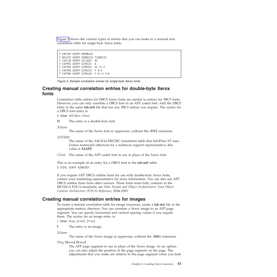 Creating manual correlation entries for images, Creating, Manual | Correlation, Entries, Double-byte, Xerox, Fonts, Images, Sample | Ricoh INFOPRINT XT GLD0-0025-01 User Manual | Page 73 / 202