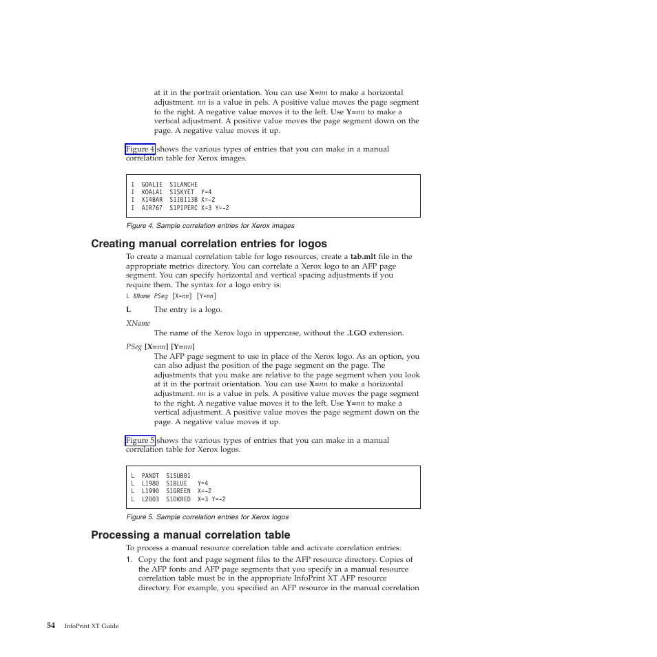 Creating manual correlation entries for logos, Processing a manual correlation table, Creating | Manual, Correlation, Entries, Logos, Processing, Table, Sample | Ricoh INFOPRINT XT GLD0-0025-01 User Manual | Page 74 / 202
