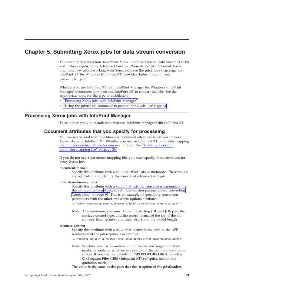 Processing xerox jobs with infoprint manager, Chapter, Submitting | Xerox, Jobs, Data, Stream, Conversion, Processing, With | Ricoh INFOPRINT XT GLD0-0025-01 User Manual | Page 79 / 202