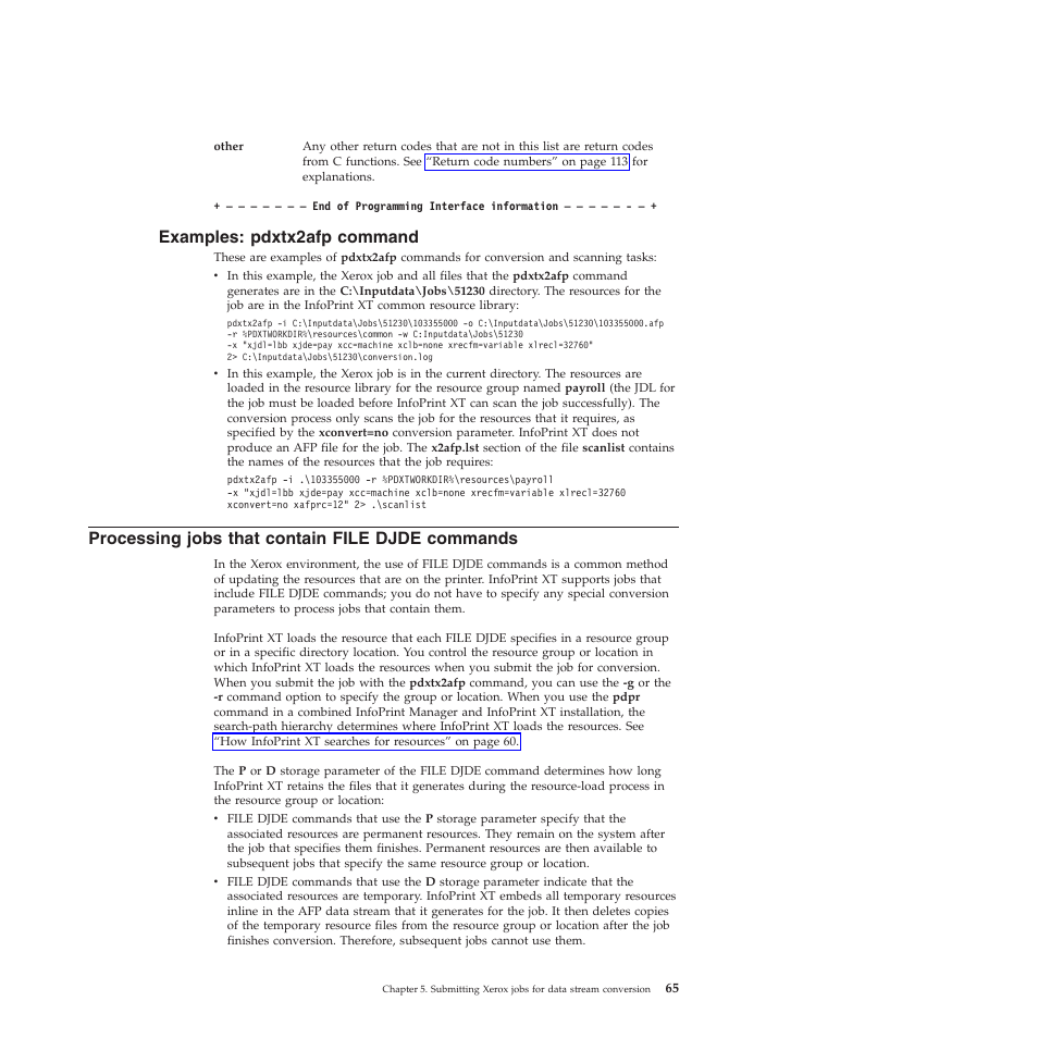 Examples: pdxtx2afp command, Processing jobs that contain file djde commands, Examples | Pdxtx2afp, Command, Processing, Jobs, That, Contain, File | Ricoh INFOPRINT XT GLD0-0025-01 User Manual | Page 85 / 202