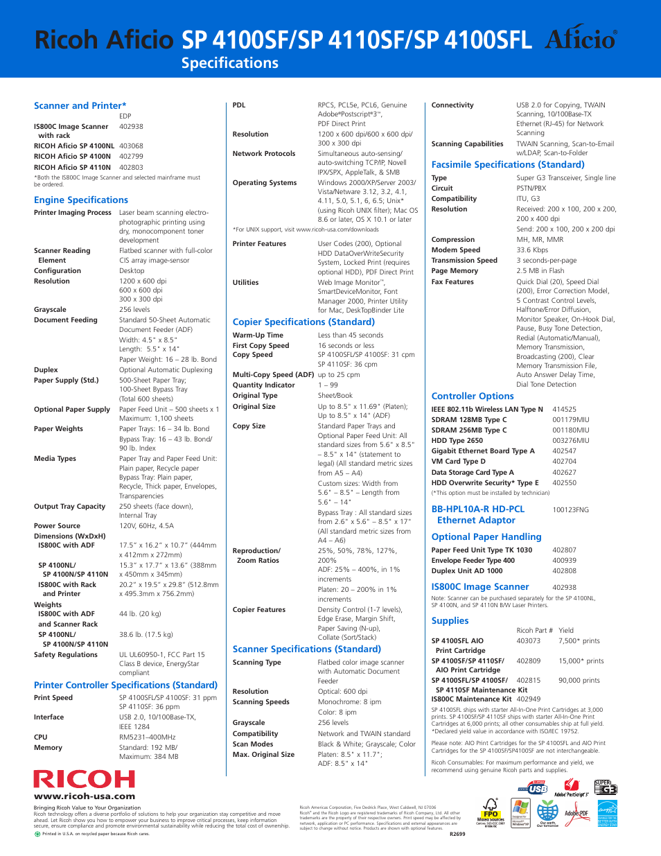 Specifications | Ricoh Aficio SP 4100SF User Manual | Page 4 / 4