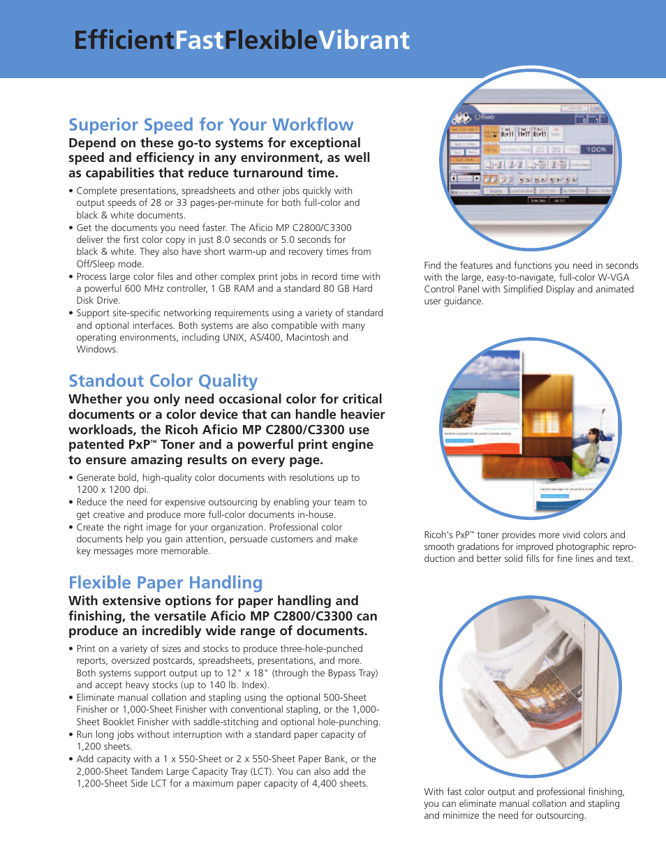 Efficient fast flexible vibrant, Superior speed for your workflow, Standout color quality | Flexible paper handling | Ricoh Aficio MP C2800 User Manual | Page 3 / 8