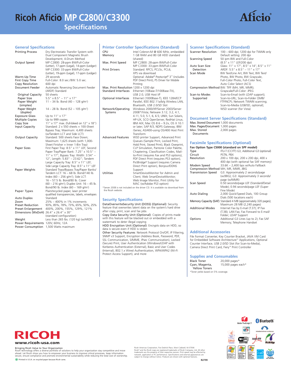Specifications | Ricoh Aficio MP C2800 User Manual | Page 8 / 8