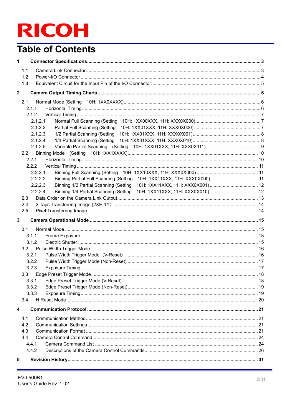 Ricoh Rioch 5 Mega Pixel CCD Monochrome PoCL Camera Link Camera FV-L500B1 User Manual | Page 2 / 31