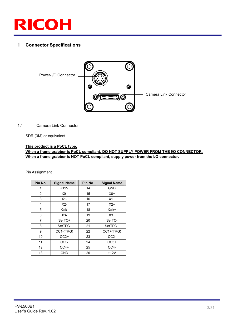 1 connector specifications | Ricoh Rioch 5 Mega Pixel CCD Monochrome PoCL Camera Link Camera FV-L500B1 User Manual | Page 3 / 31