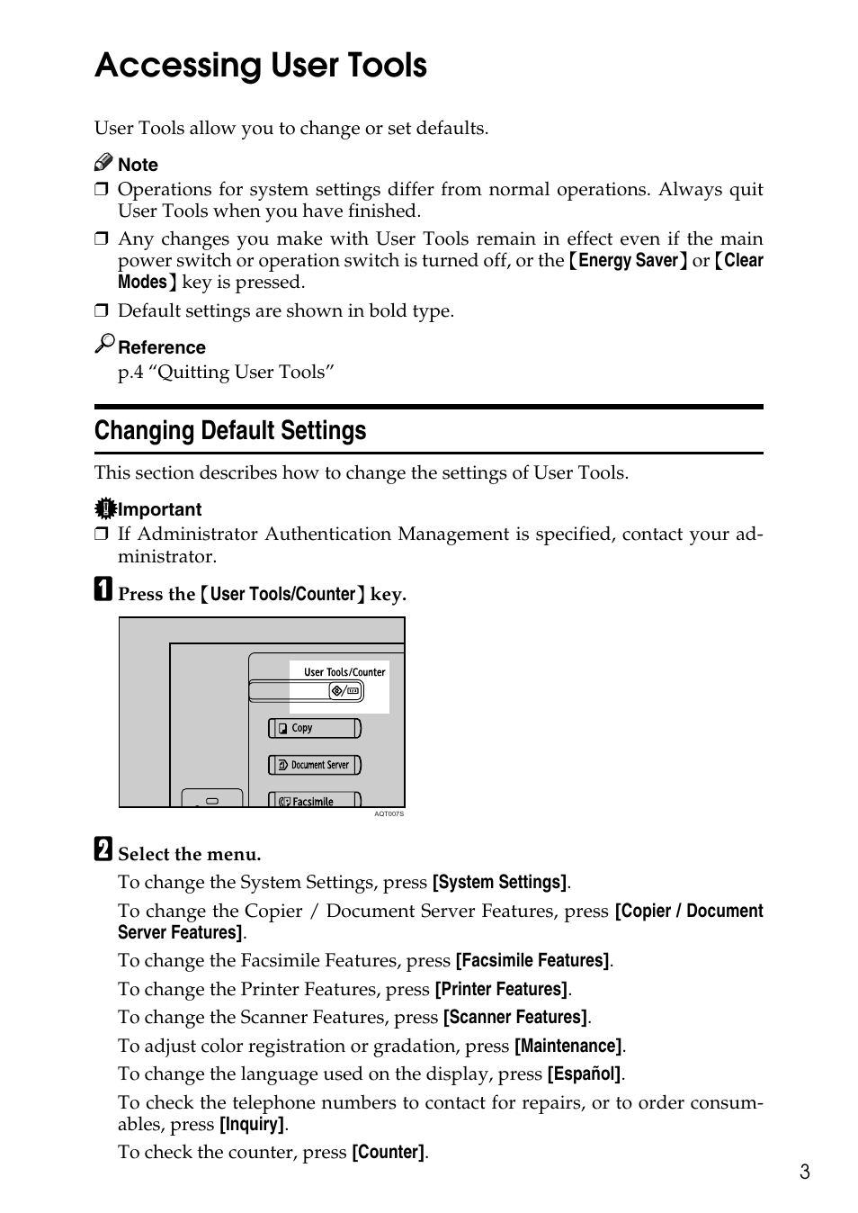 Accessing user tools, Changing default settings | Ricoh LD435c User Manual | Page 11 / 325
