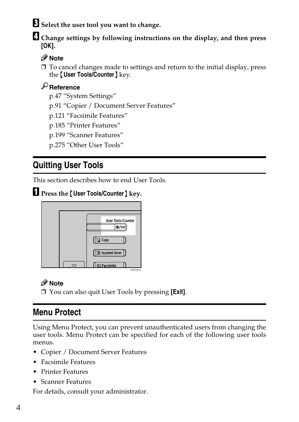 Quitting user tools, Menu protect, Quitting user tools menu protect | Ricoh LD435c User Manual | Page 12 / 325